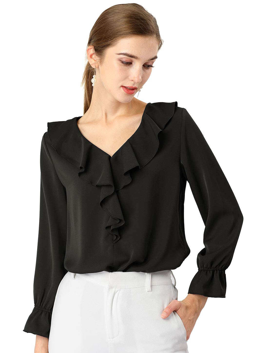 Allegra K Women Elegant Ruffle V Neck Sleeve Blouse for Business Work