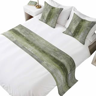 Bed Runner for Queen Size Bed, Sage Green Decorative Beds Runners and 2 Matching Pillow Covers Set, Retro Oil Painting Modern Abstract Art Aesthetics Beds Scarf Throw for Foot of Bedding Set for Hotel