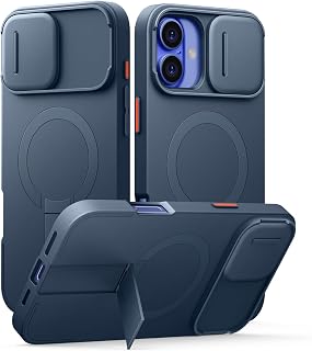 SURITCH for iPhone 16 Plus Case with Magnetic Camera Slide Cover and Adjustable Kickstand, Compatible with MagSafe, Shockproof Bumper Case Slim Protective Cover for iPhone 16 Plus 6.7 Inch, Blue
