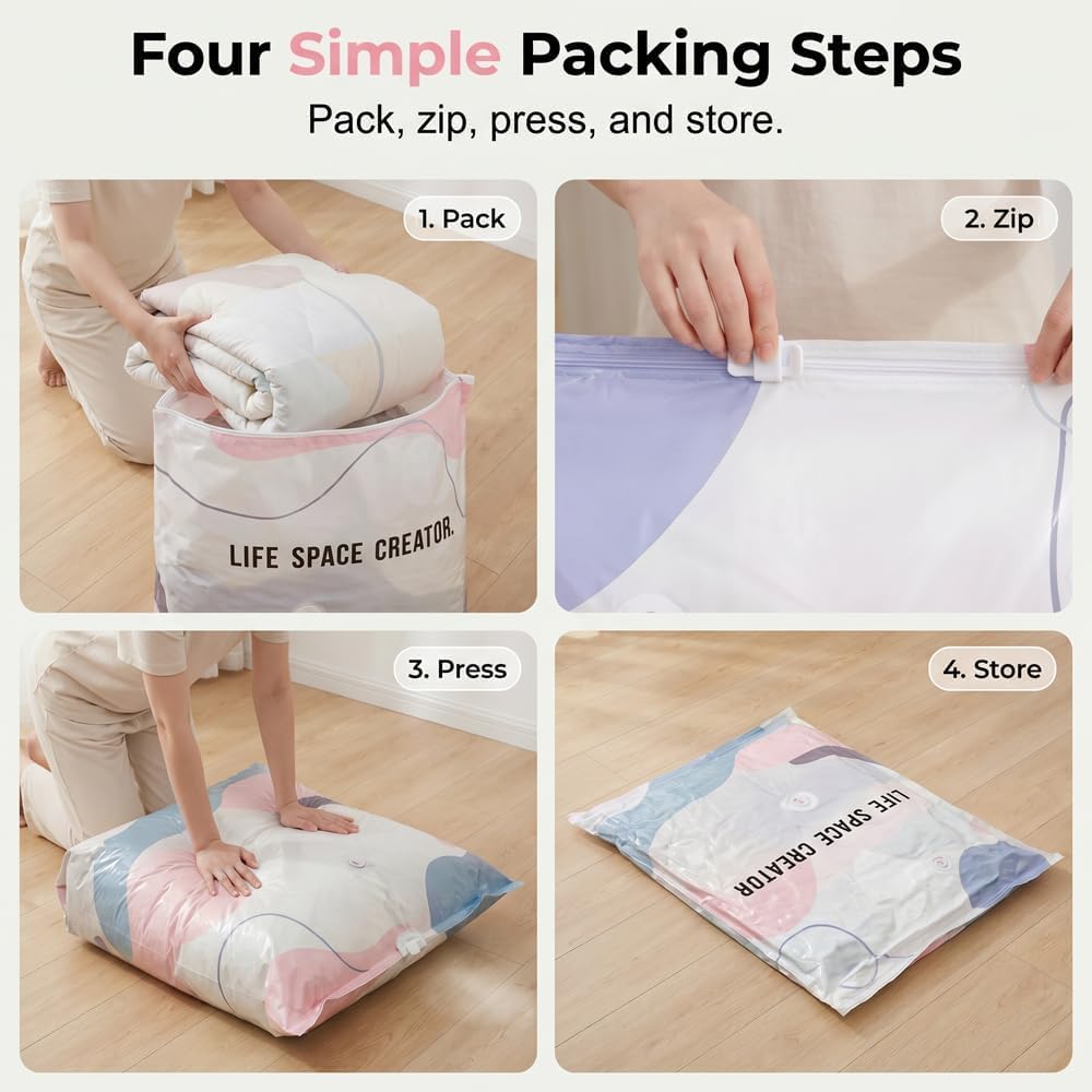 No-Pump Vacuum Storage Bags, Press & Seal Space-Saving Compression Bags for Clot