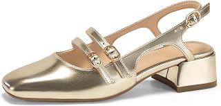 Coutgo Women's Mary Jane Chunky Low Heels Slingback Pumps Closed Square Toe Wedding Dress Shoes