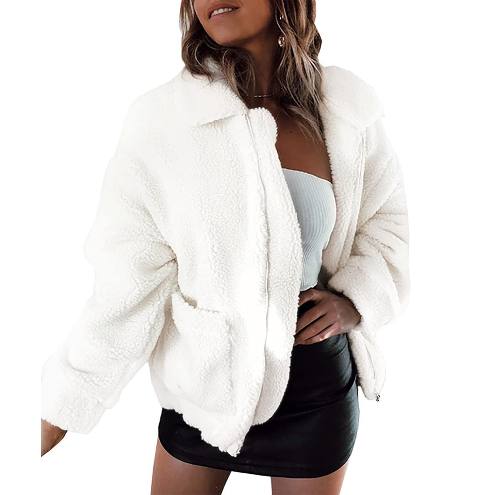 PRETTYGARDEN Women's Fashion Long Sleeve Lapel Zip Faux Shearling Shaggy Oversiz