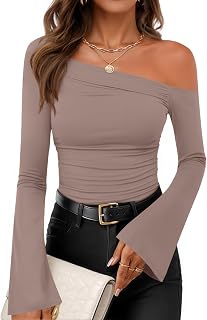 ZESICA Women Off Shoulder Bell Shoulder Long Sleeve Shirts 2025 Autumn Fashion Going Out Ruched Bodycon Bodycon Clothes Y2K