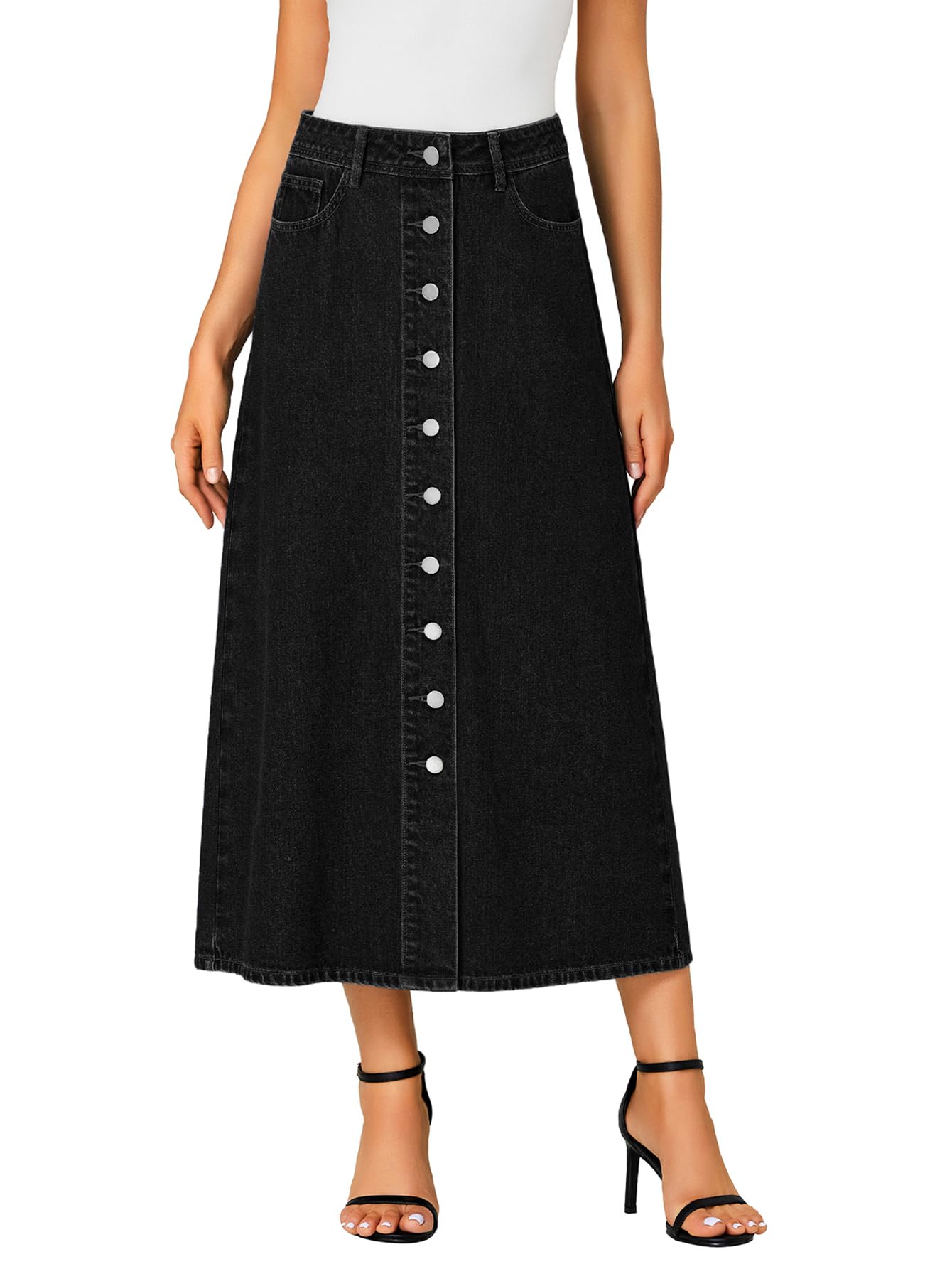 Vrtige Women's High Waisted Long Denim Skirt