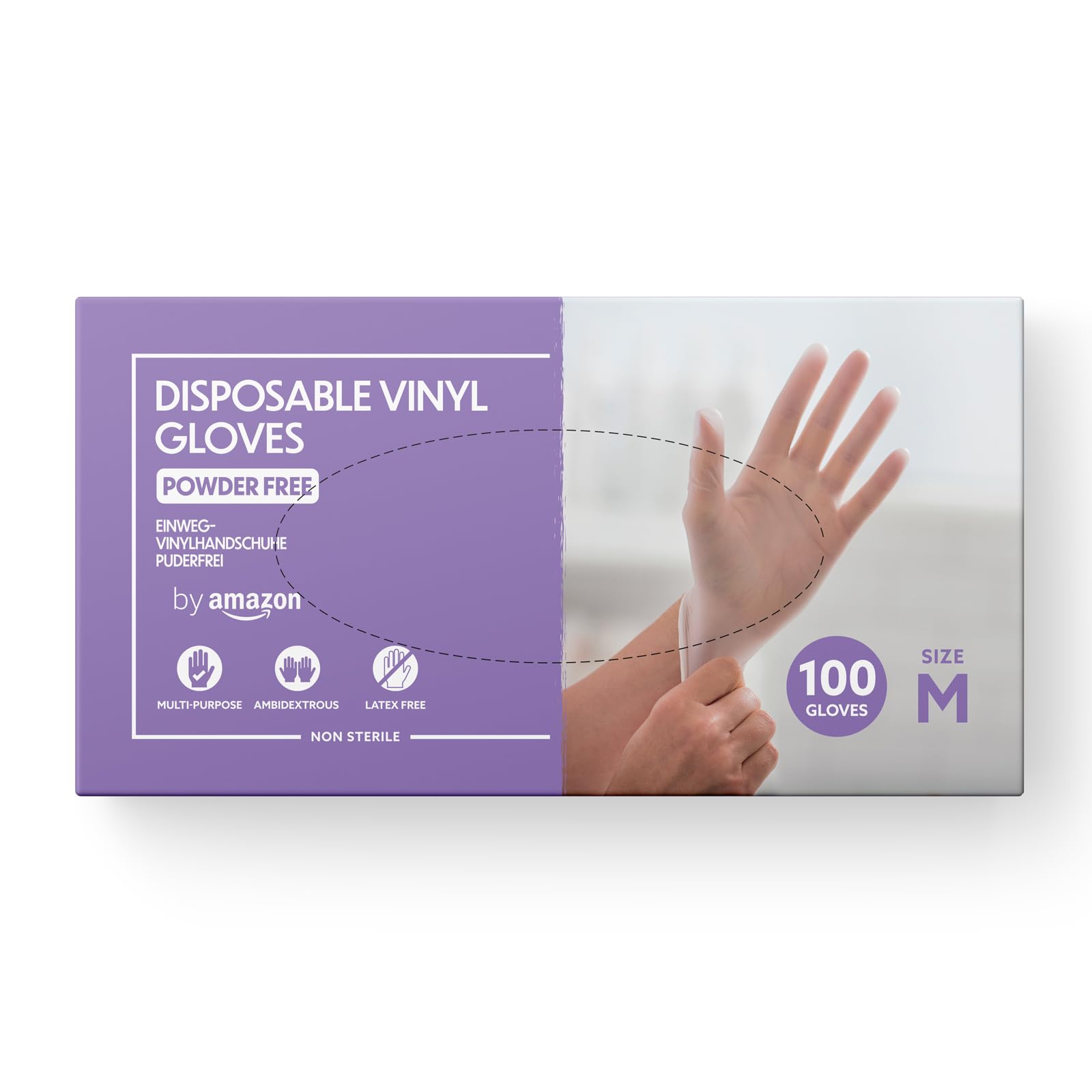 by Amazon Disposable Vinyl Gloves, Powder-free, Latex-free, Size M, Pack of 100