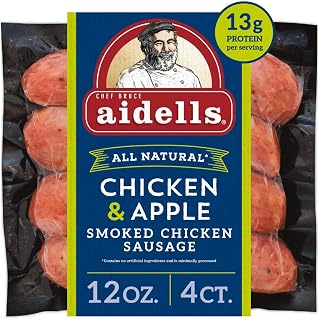 Aidells Smoked Chicken And Apple Sausage Links, 4 Count | Gluten free; all natural, minimally processed; no artificial ingredients; no added nitrates or nitrites