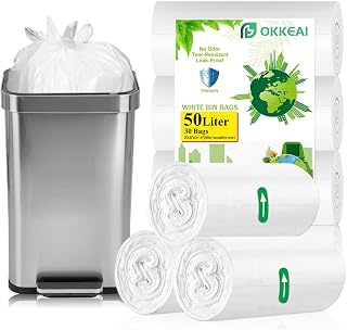 OKKEAI 50L Bin Bags, Swing Bin Liners for Kitchen, White, 30 Count