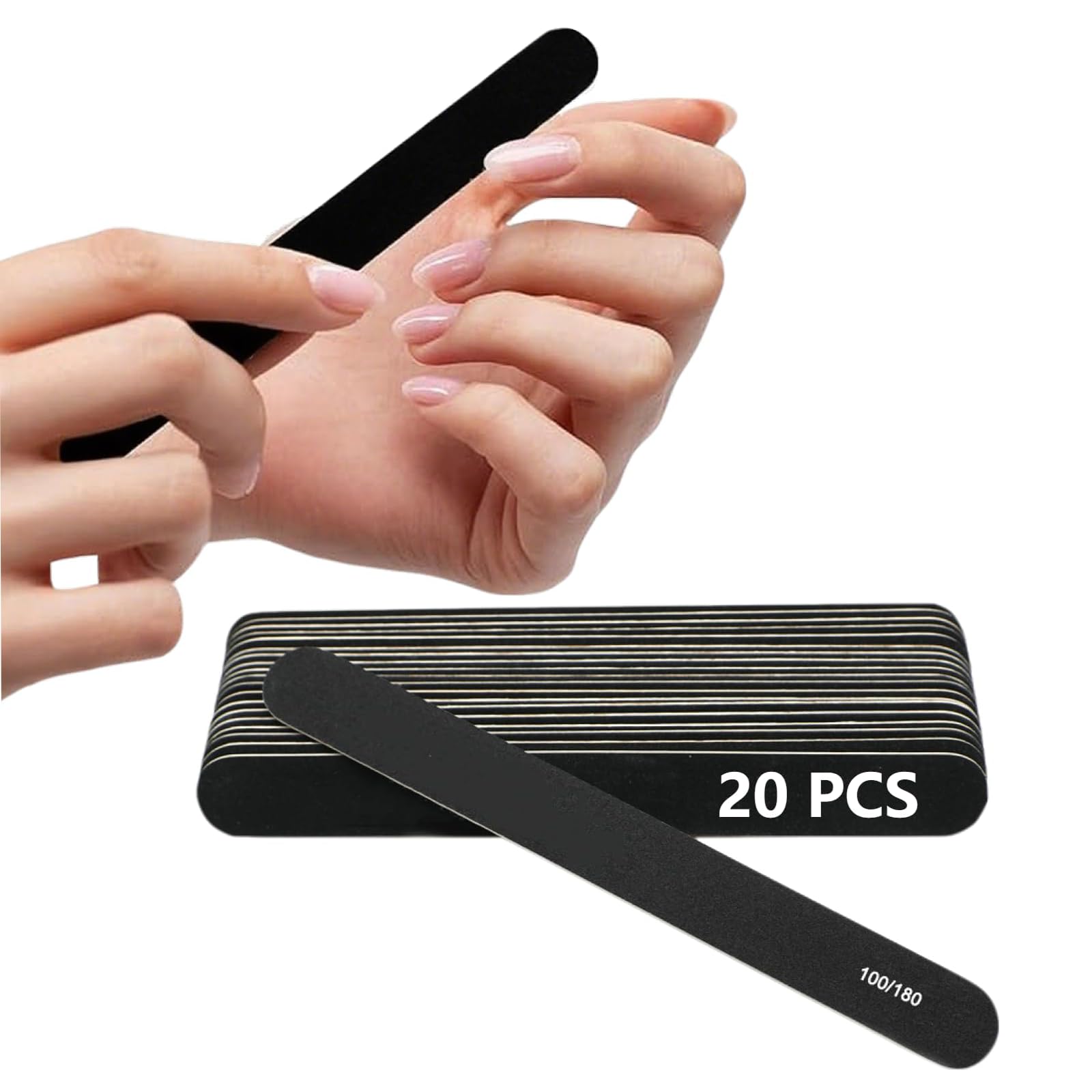 Nail File Professional 20pcs Double Sided 100/180 Grit Nail Files, Black Reusabl