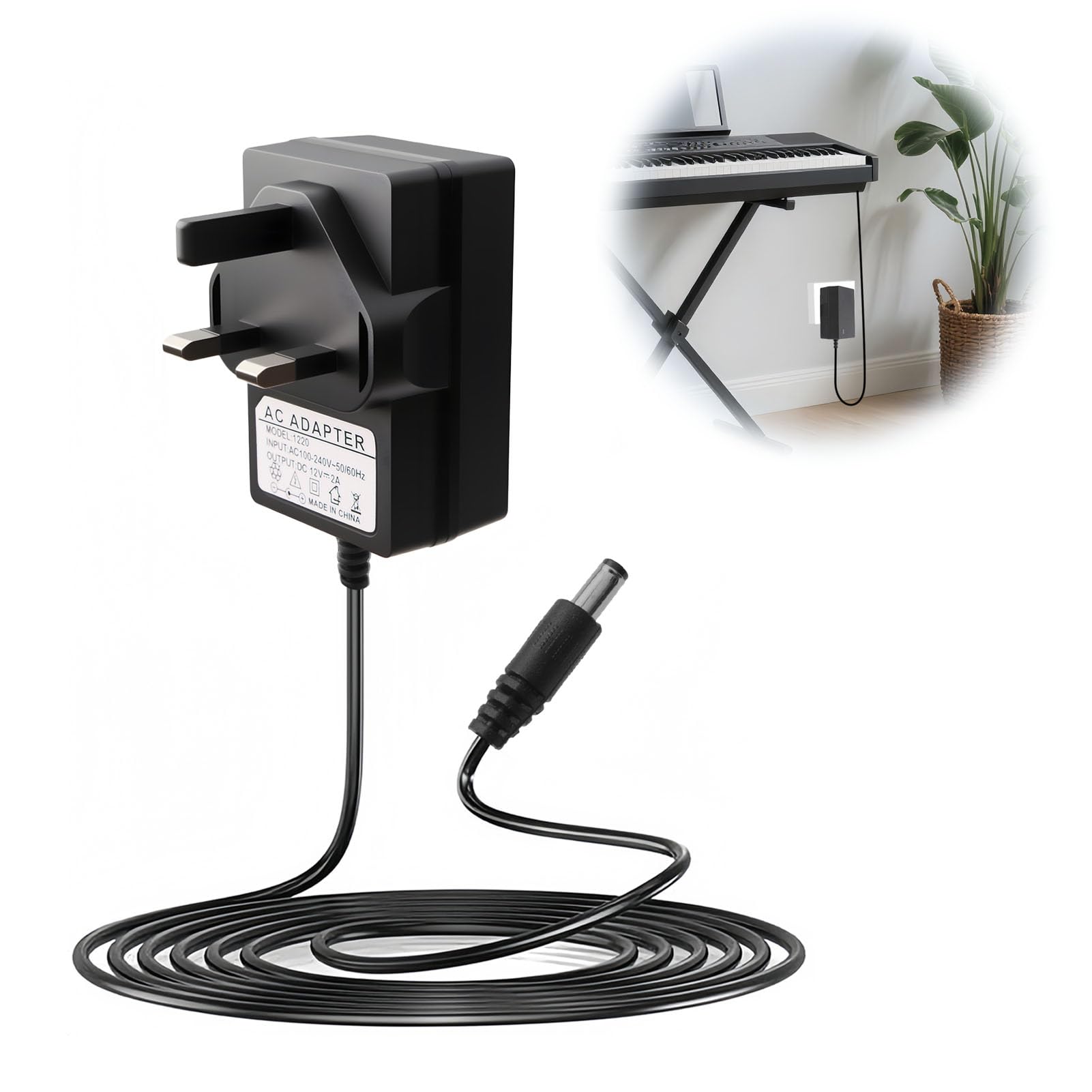 12V Power Adapter for Yamaha Keyboard, 1.8M 12V 2A DC Power Supply Charger Adapt