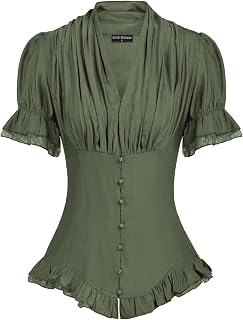 SCARLET DARKNESS Women Victorian Short Sleeve Shirt Button Down Blouse Shirts Dressy Top