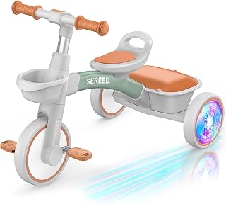 SEREED Colorful Lighting Kid Tricycle Gift Toy for Ages 2-5 Boys Girls | Easy Snap Assembly,Lighting Wheels,Lightweight Sturdy Frame,Adjustable Seat & Handlebar,Detachable Baskets
