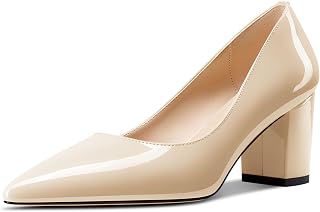 Aachcol Zapatos de vestir de charol para mujer, de tacón medio y grueso, puntera puntiaguda, zapatos de vestir de oficina y fiesta, tacones de 2.4 pulgadas