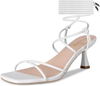 ISNOM Strappy Sandals for Women Kitten Heels Lace Up Heels Stiletto Heels Wrap Around Heels with Square Toe