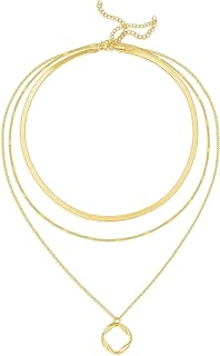 Evabelle Layered Necklace for Women 14K Gold Plated Cross Geometric Square Pendant Chain Layering Choker Necklace Stack Minimalist Jewelry Trendy Set