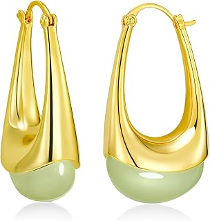 SNGIA Long Oval Chunky Dangle 18K gold plated Hoops with Colored Resin Gemstone Statement Earrings for Women by SNGIA, (Green, Brown, Blue, Pink, White, Cream), Bold Drop Handmade Exaggerated