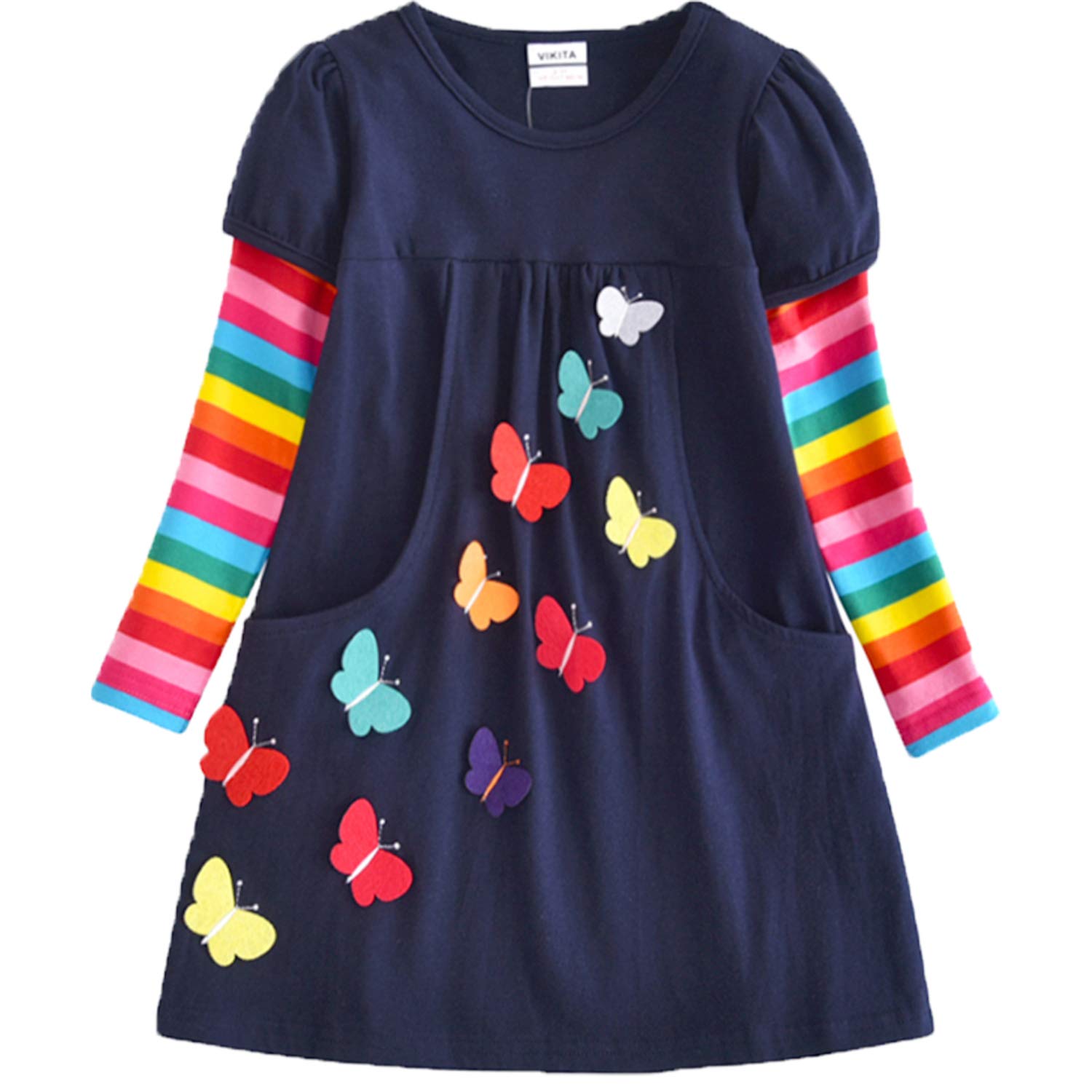 VIKITA Dress Stripe Cartoon Animal Loose Jersey T-Shirt Clothes Girl