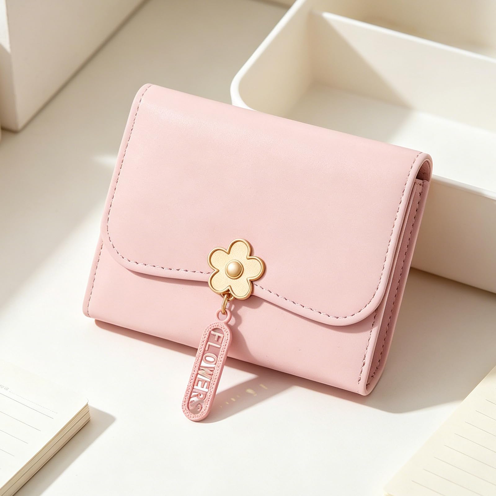 Card Holder for Women, Cute Trifold Wallet with 5 Card Slots, Photo ID Window an