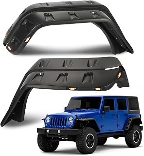 4PCS Fender Flares Fit Jeep JK Wrangler 2007-2018, 2/4 Door Model Unlimited | Rubicon Unlimited Front and Rear Pocket, Smooth Riveted Style, w/LED light Side Makers Matte Black
