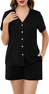 Wikoan Women's Summer Cotton Pyjamas Short Sleeve Top with Buttons and Pyjamas Shorts Sleepwear 2 Pieces S-XXL