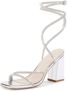 Coutgo Sandali da donna con tacco grosso e strass, punta aperta, tacco alto, scarpe da sposa