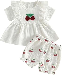 Amnnchya Toddler Girl Clothes Baby Summer Spring Outfits Cute Bow Button Smocked Ruffle Sleeve Tops ＋ Girls Shorts Set