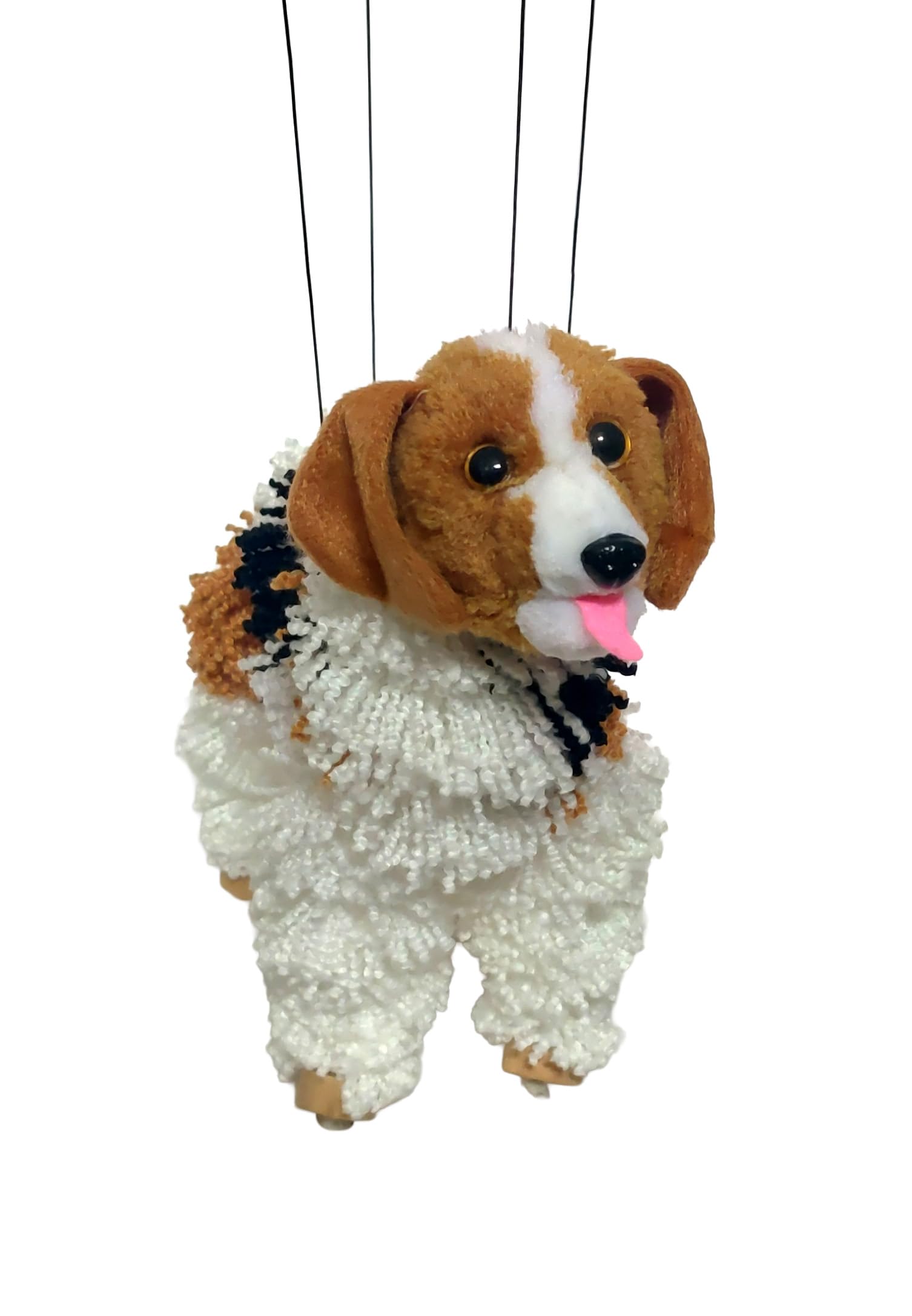 Artisan Owl Beagle Marionette Puppet - Yarn Dog with Wooden Feet, Detachable Str