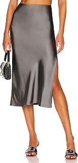 Womens High Waisted Satin Midi Skirts Elegant Flared A Line Elastic Waistband Silk Slit Skirt for Women