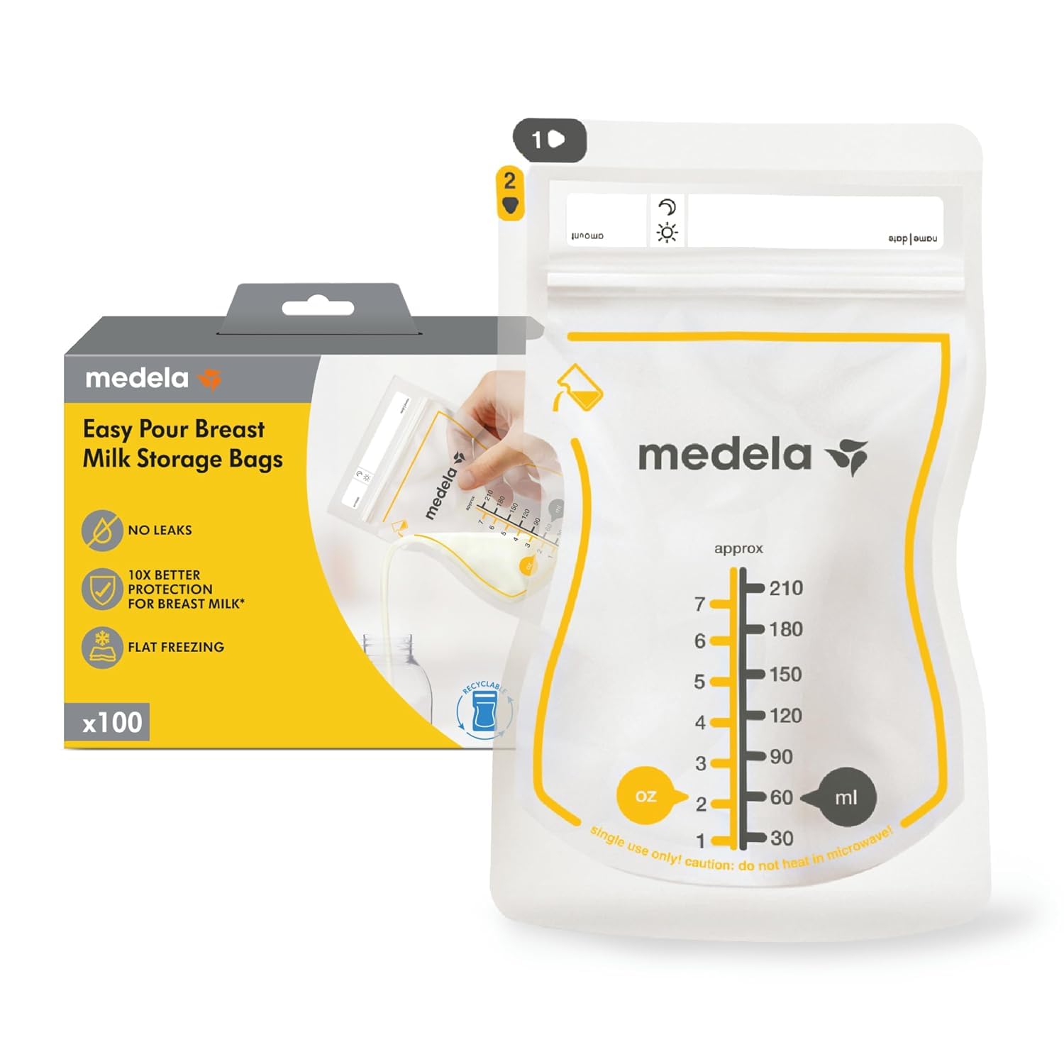 Medela Easy Pour Disposable Breast Milk Storage Bags, 7 oz/210 ml Capacity, Leak