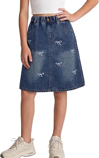 Happy Cherry Girls Denim Skirt Elastic Waist A-Line Jean Skirt Knee Length