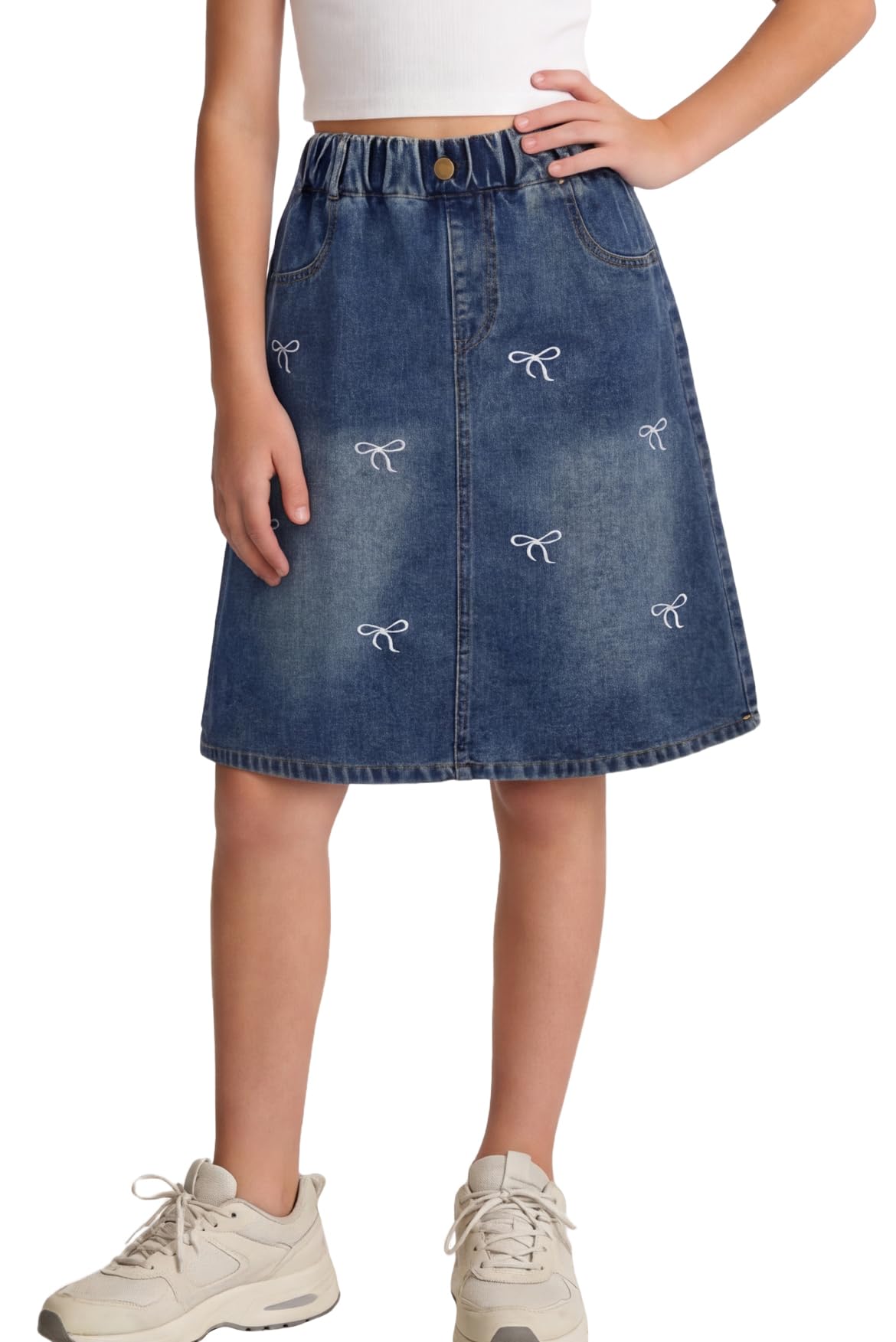 Happy Cherry Girls Denim Skirt Elastic Waist A-Line Jean Skirt Knee Length
