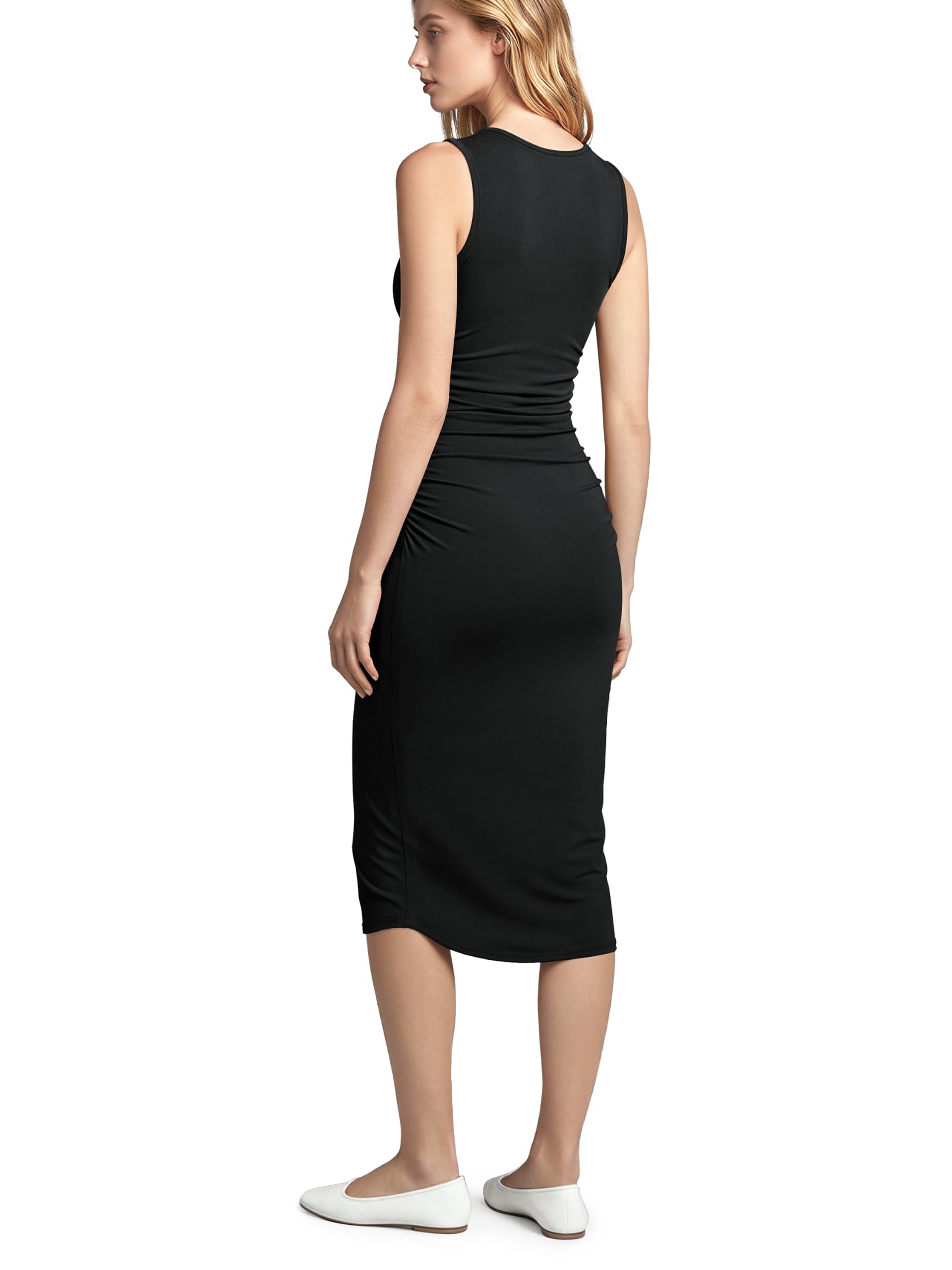ODODOS Women's Side Shirred Midi Tank Dress Cloud Feeling Crewneck Sleeveless Bo