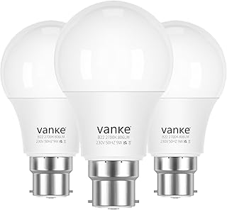 Vanke Bayonet Light Bulb, 9W(60W Equivalent), Warm White 2700K, 3-Pack | B22 A60 LED Bulbs, 806 Lumens, BC Energy Saver Lightbulb, Non-Dimmable, 60x104mm