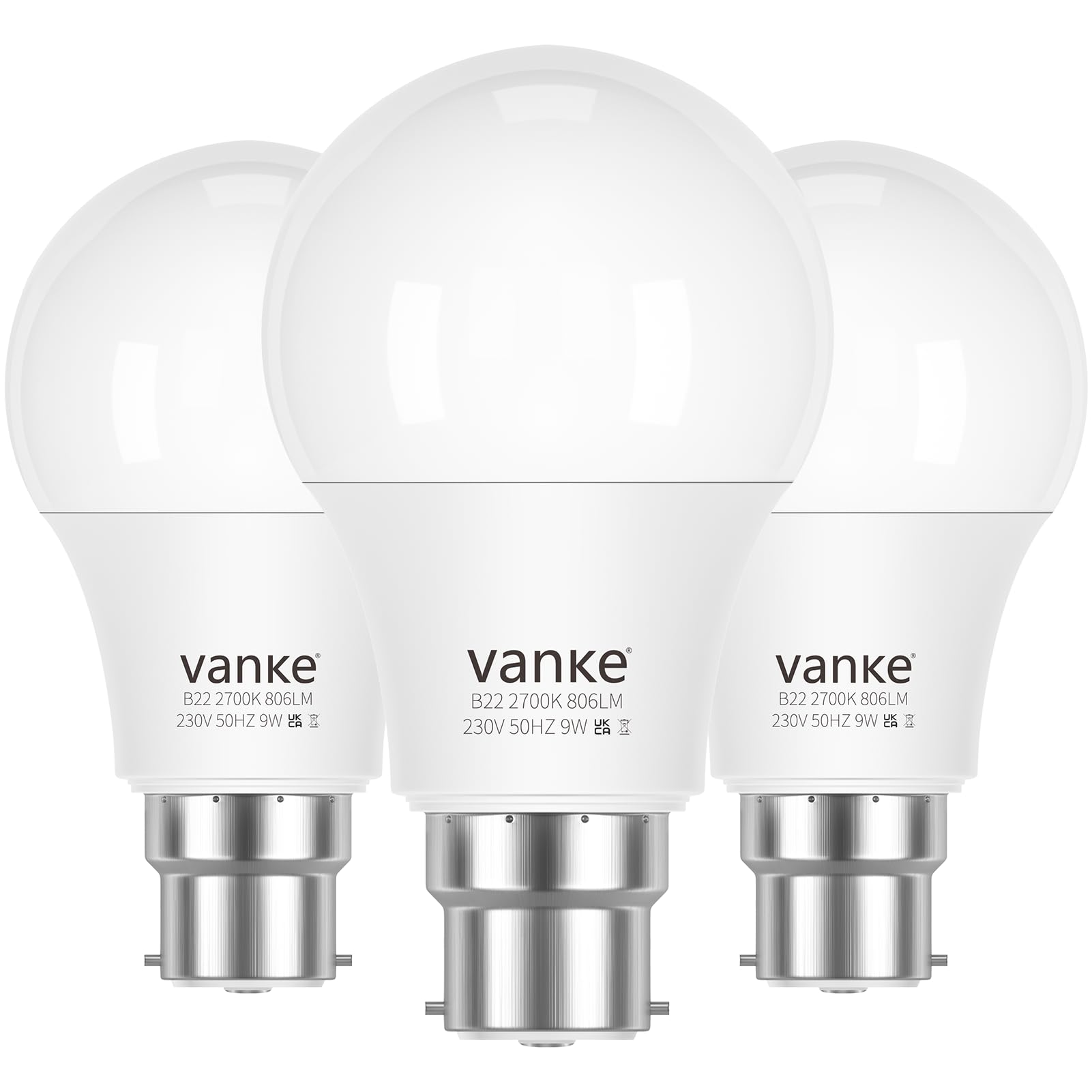 Vanke Bayonet Light Bulb, 9W(60W Equivalent), Warm White 2700K, 3-Pack | B22 A60