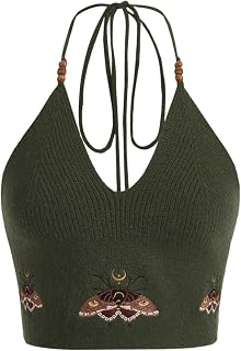 Verdusa Women's Y2k Halter Tops Embroidery Crop Top Western Cowgirl Shirts