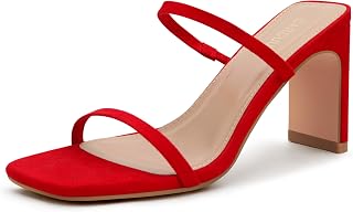 Carcuume Women's Block Heel Square Open Toe Two Strap Mule Sandals