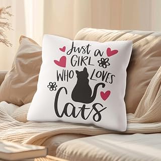 Cat Lovers Mom Lady Gifts Throw Pillow Covers 18x18, Cat Room Decor, Just a Girl Who Loves Cats Pillow Covers for Home Bedroom Living Room Dorm, Pet Lover Gifts for Women