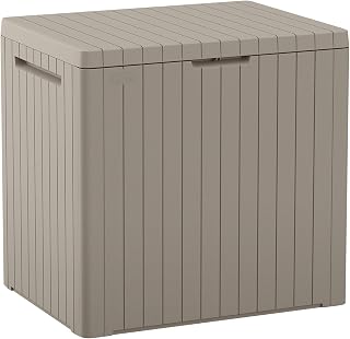 Keter City 30 Gal Outdoor Storage Box and Patio Side Table | Beige, Resin, Compact, Waterproof, Lockable, Easy Assembly, Organization, Pool Accessories Storage