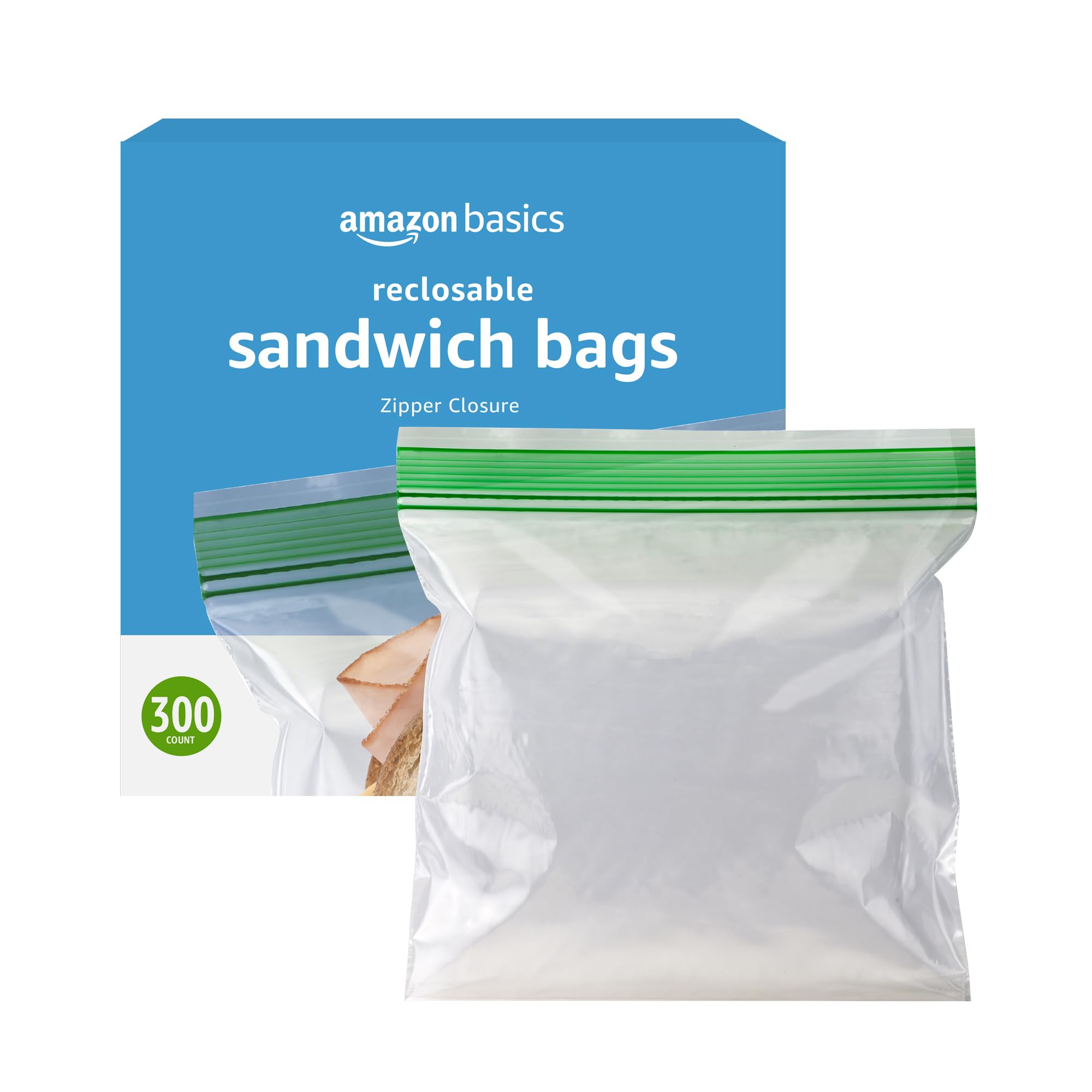 Amazon Basics Resealable Double Zipper Sandwich Storage Bags for Food Storage, 3