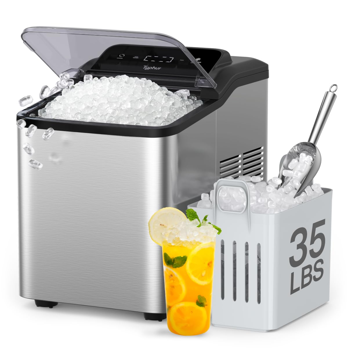 Typhur Nugget Ice Maker Countertop, Self-Cleaning Pump, 35lb/24H, Stainless | Cr