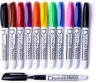Volcanics Whiteboard Pens Fine Tip Dry Wipe Pens 12 Pack | Low Odor / White Board Markers / Office Home Calendar / 10 Assorted Colours