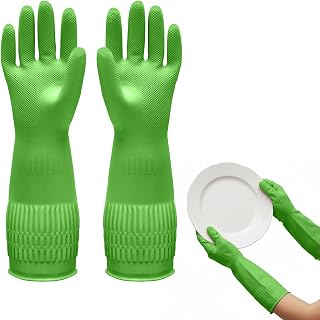 1 Pairs Household Rubber Cleaning Gloves, Long Cuff Dishwashing Gloves with Non-Slip Grip for Kitchen, Bathroom
