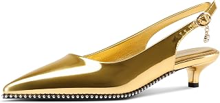 TNYNFBEB Womens Low Kitten Heel Closed Pointed Toe Slingback Silver Bead Buckle Prom Party Dress Patent Leather 1.4"