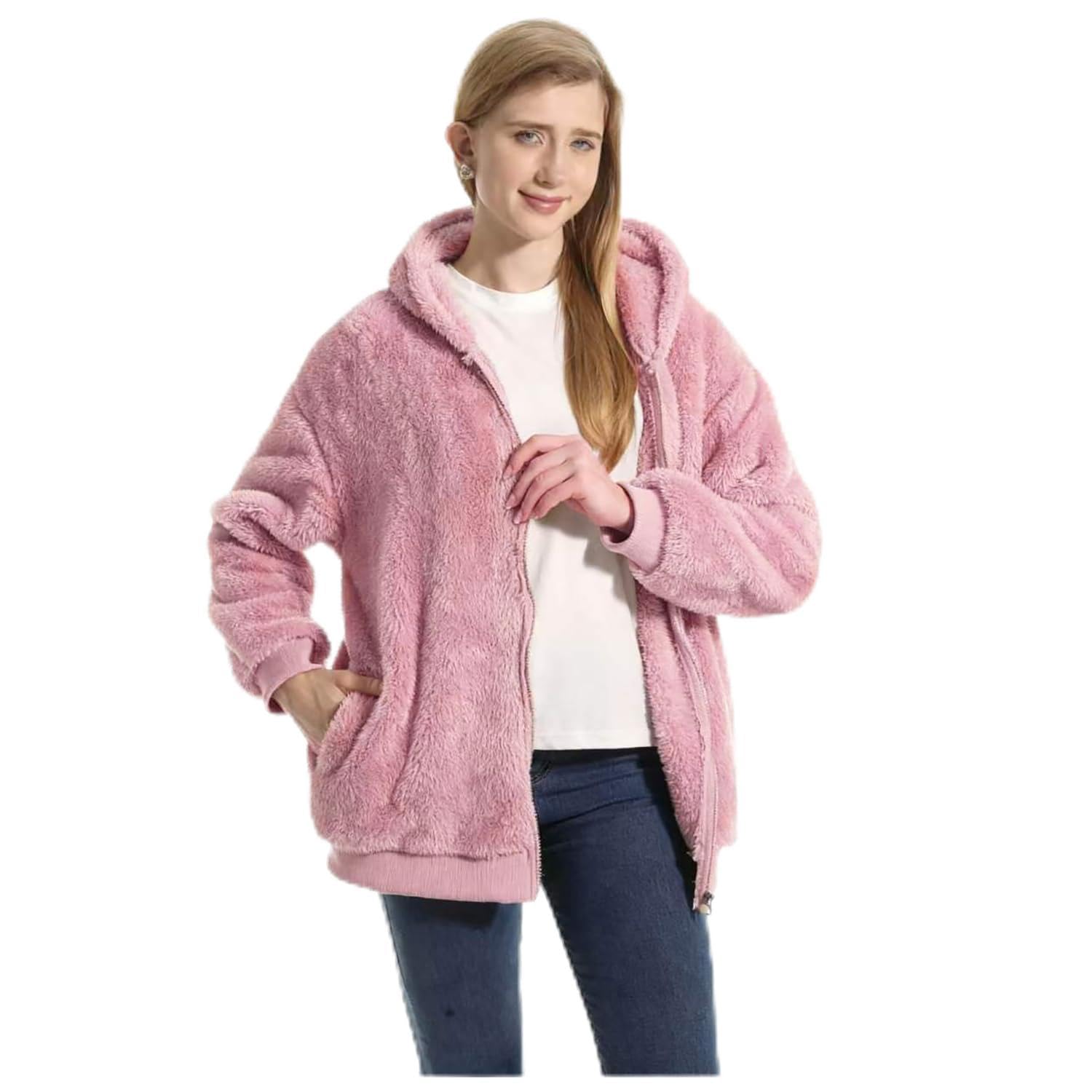 FELOVE Fleece Zip Hoodie Jacket Short Winter Fleece Lined Soft Autumn Sweater Co