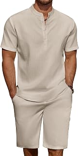 COOFANDY Mens 2 Pieces Linen Set Casual Henley Shirts Beach Pants Outfits