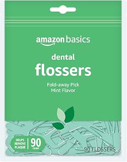 Amazon Basics Mint Dental Flossers, Shred Resistant, Slides Easily Between Teeth, with Fold-Away Pick, 90 Count, 1-Pack (Previously Solimo)