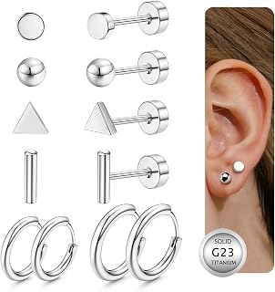 PATISORNA 6 Pairs G23 Titanium Earrings Stud Hoop Earrings Set Hypoallergenic Flat Back Earrings Small Stud Earrings Tragus Helix Cartilage Earrings Piercing Sleeper Huggie Earrings for Women Men