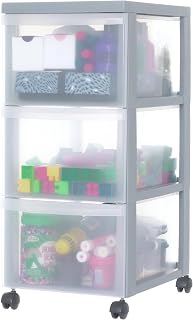 Iris Ohyama, 3 Large Drawers Grey Easy Open Plastic Rolling Storage Tower