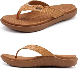 KuaiLu Women's Summer Fashion Leather Flip Flops with Support Orthopedic Beach Flip Flops and Pool Slips