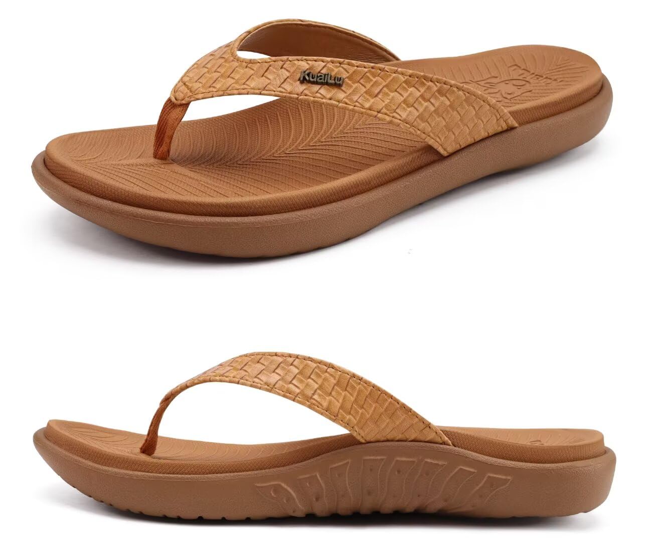 KuaiLu Women's Summer Fashion Leather Flip Flops with Support Orthopedic Beach F