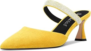 Saekcted Women's Chunky Block Medium Heel Pointed Toe Pumps Slip-on Diamante Crystal Casual Cute Slippers Fashion Shoes